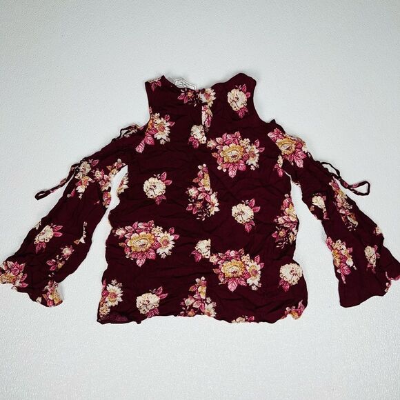 Hippie Rose Womens Floral Print Cold Shoulder Blouse Burgundy XS NWT - Picture 8 of 11